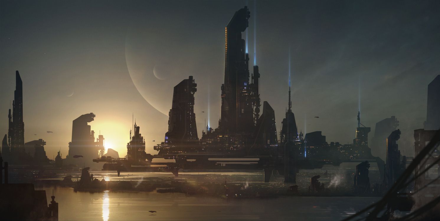 Обои Научная фантастика, город, городской пейзаж, линия горизонта, ночь в разрешении 4149x2087