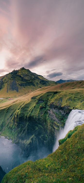 Обои Skgafoss, wobi - Портал ярмарки кемперов, облако, вода, гора в разрешении 1846x3999