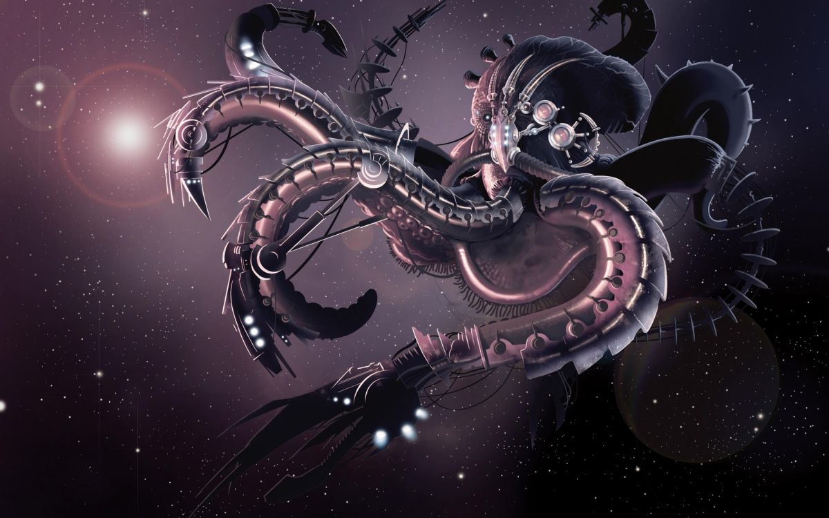 Обои робот, иллюстрация, космос, фрактальное искусство, щупальце в разрешении 2880x1800