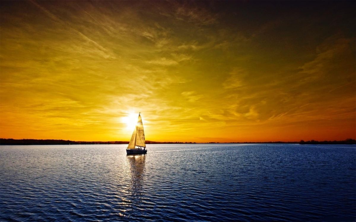 Обои закат, горизонт, вода, лодка, вечер в разрешении 1920x1200