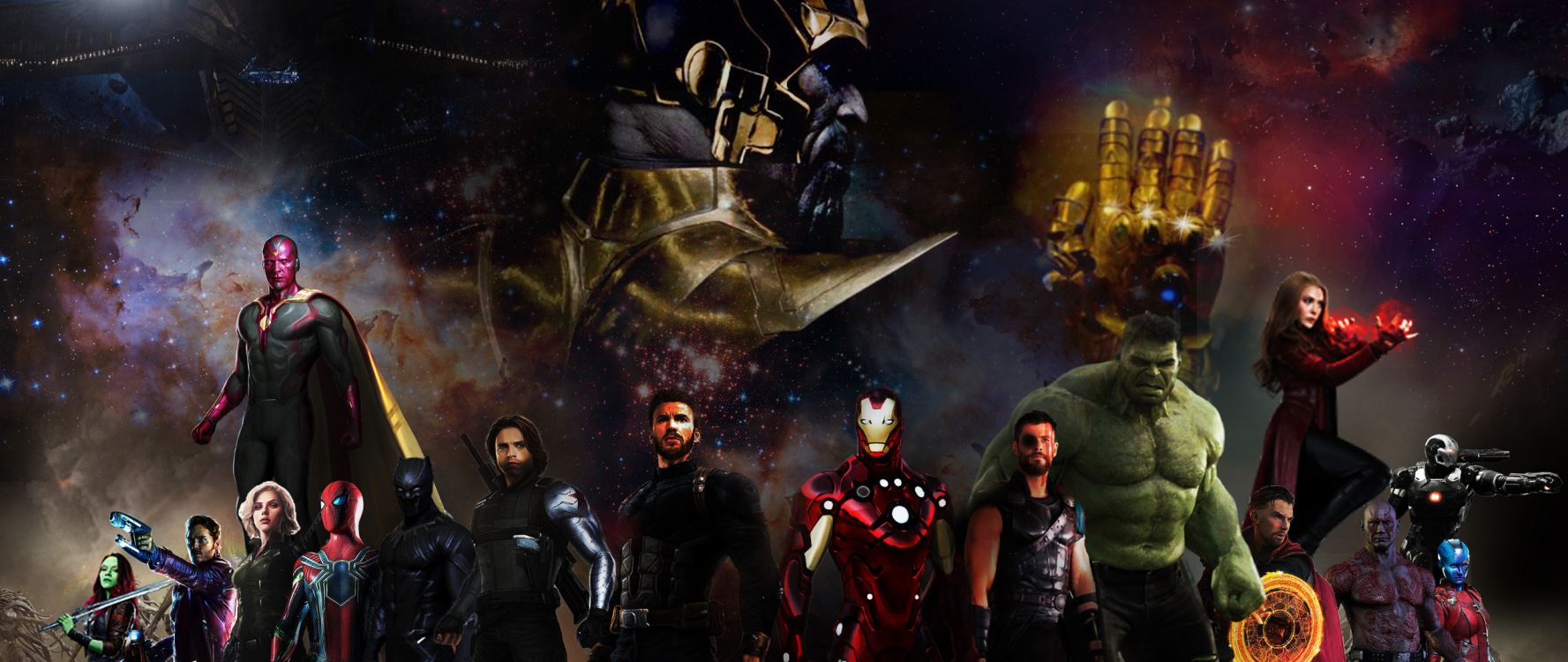 Обои Танос, туманность, ТОР, человек-паук, мститель в разрешении 2560x1080