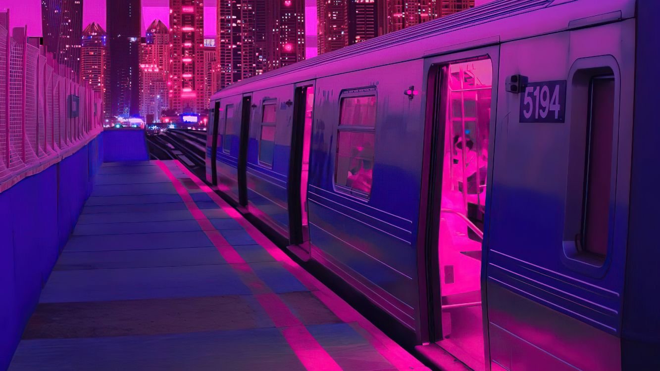Обои Train Neon Synthwave Buildings 5k в разрешении 5120x2880