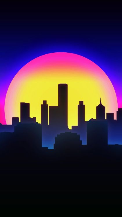 Обои город, Ретровейв, Synthwave, иллюстрация, графический дизайн в разрешении 1440x2560