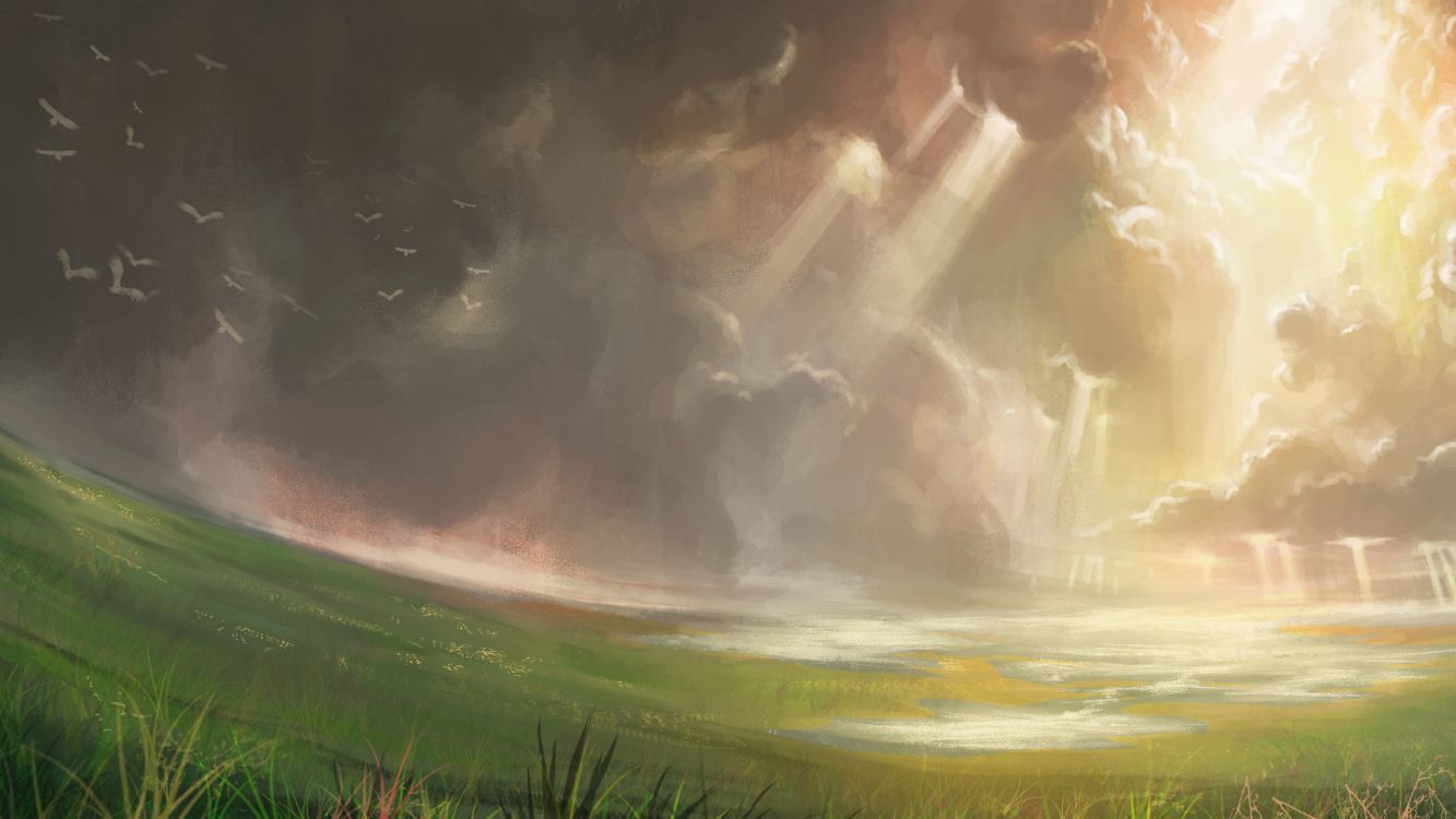 Обои закат, рисование, живопись, природа, атмосфера в разрешении 2560x1440