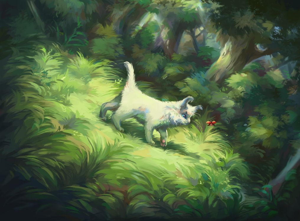 Обои кот, рисование, Божья коровка жук, живопись, живая природа в разрешении 3592x2650